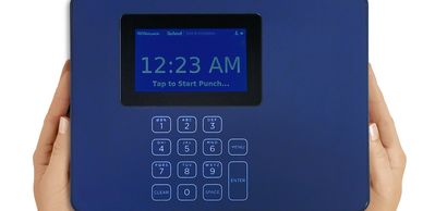 blue time clock with the time of 12:23 AM 