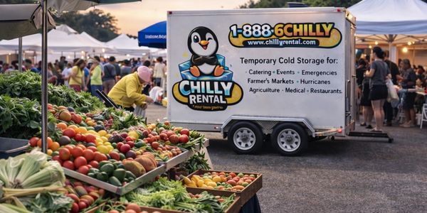 Chilly Rental refrigerated 12' x 7' trailer at farmer's market with display of fresh produce in the
