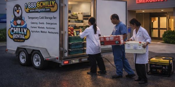 Medical staff loading vaccines and blood products into Chilly Rental refrigerated trailer