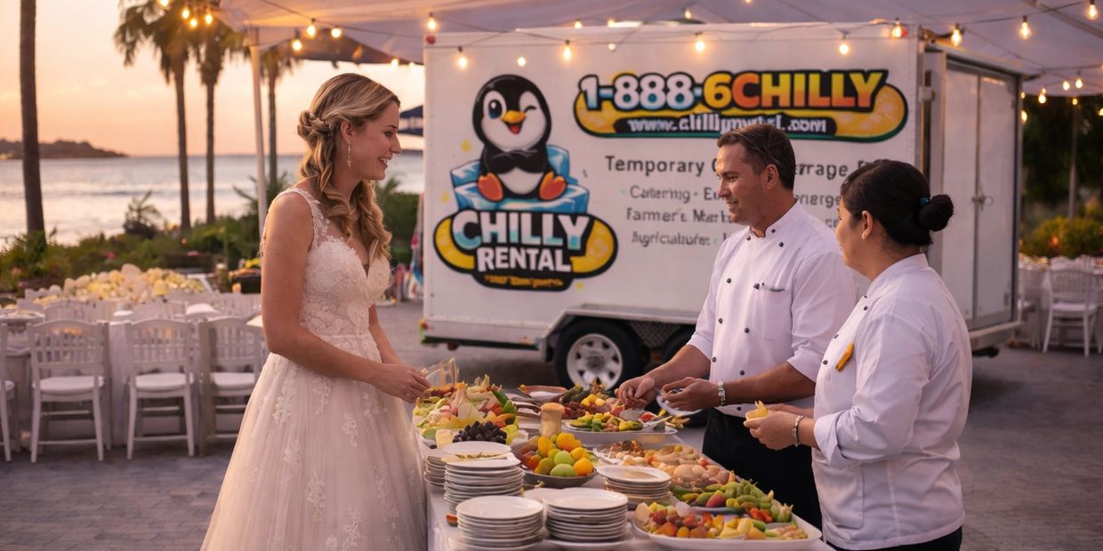 Bride talking with caterers with Chilly Rental refrigerated trailer in the background