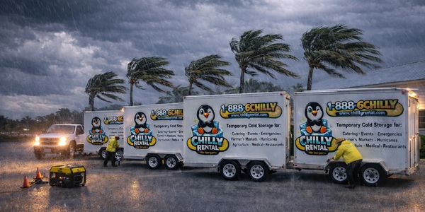 Chilly Rental fleet of refrigerated trailers ready for hurricane response with employees preparing a