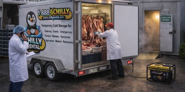Meat packers loading butchered meats into Chilly Rental refrigerated trailer
