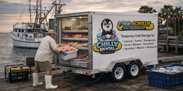 Florida commercial fisherman loading fresh catch of seafood into Chilly Rental refrigerated trailer