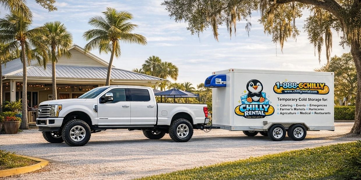 White Ford F-250 pickup truck towing Chilly Rental refrigerated trailer in front of SWFL restaurant