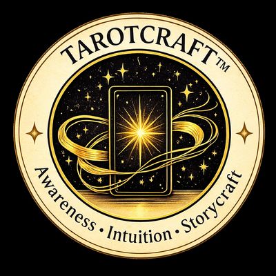 A glowing tarot card surrounded by golden stars and swirls in a circular emblem.