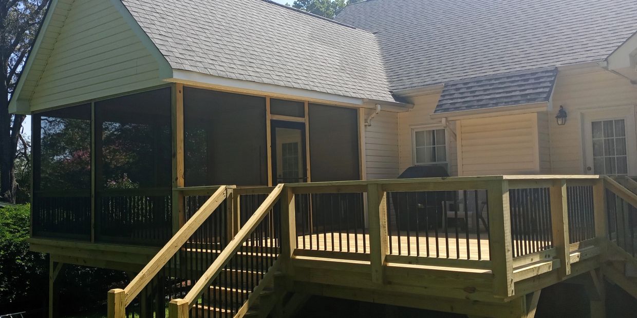 New deck with Screen Porch, Oakboro, NC, All Wood Deck, Black Aluminum Balusters, Wood Handrails, St