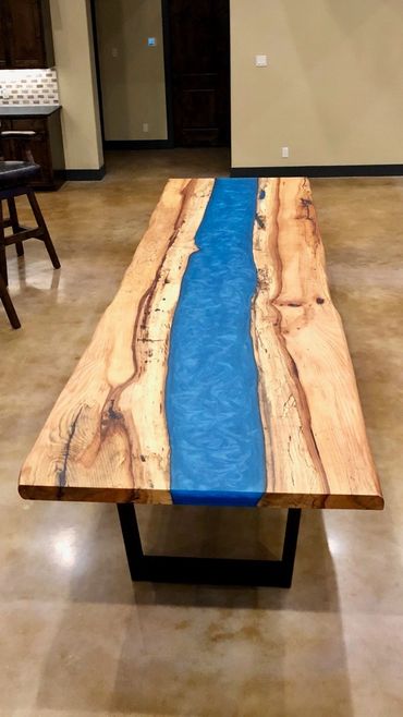 Live Edge Dining Table with blue resin 