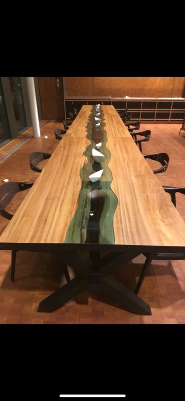 live edge conference table with glass river inlay