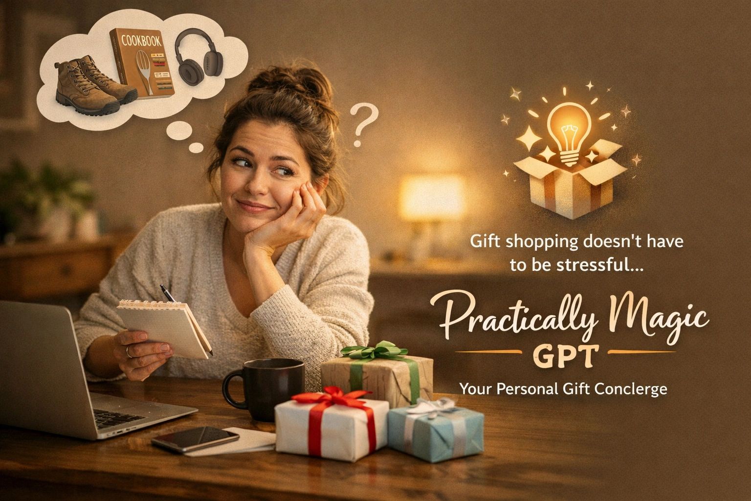 Woman sitting at a table with a laptop, thinking about gift ideas.