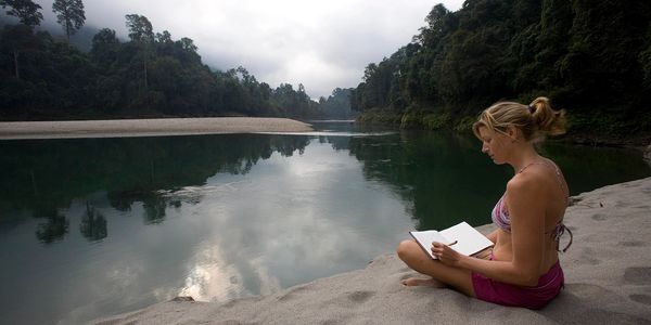 Author Bridget Crocker #amwriting along the Subansiri River in Assam, India. Photo: David Clifford