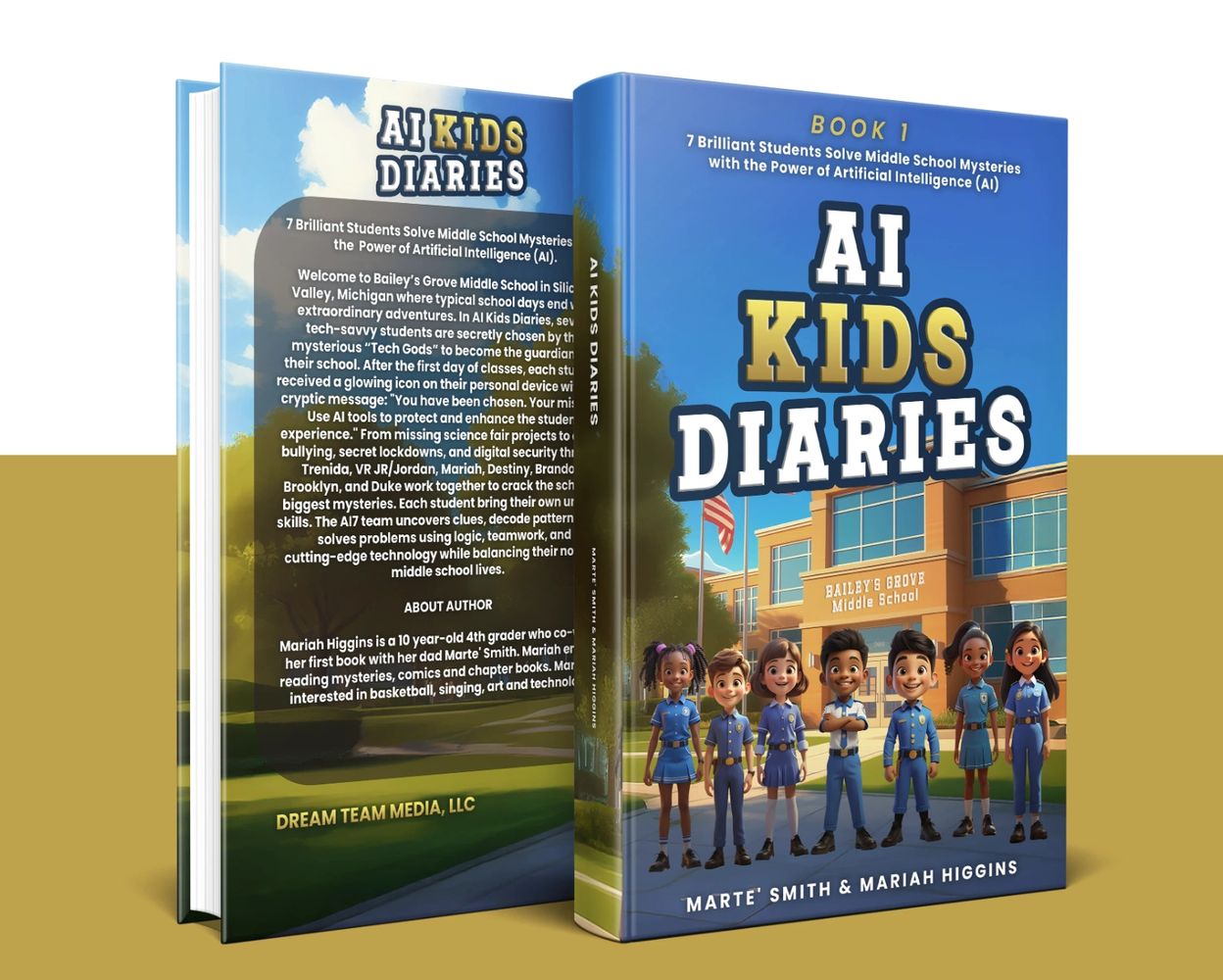 Book cover of "AI Kids Diaries" featuring seven animated middle school students in uniform.