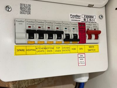 FuseBox RCBO fuse boards with labeled switches for kitchen and heating appliances.