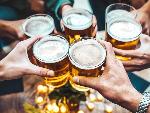Group toasting with glasses of beer.
