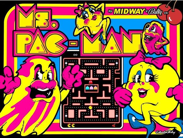 Ms. Pac-Man arcade game art with vibrant neon colors.