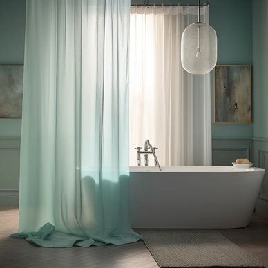 Bathroom with a bathtub. 1 teal curtain is around it and other white one is covering the window.