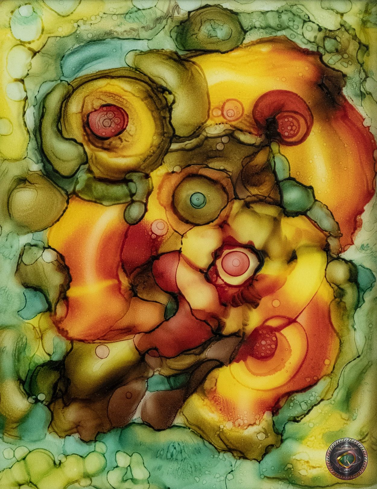 Vyara Kaneva-VK Contemporary ART: "Solar Gaps", Alcohol Inks on Glass, 3D-2023 "Слънчеви Пролуки"