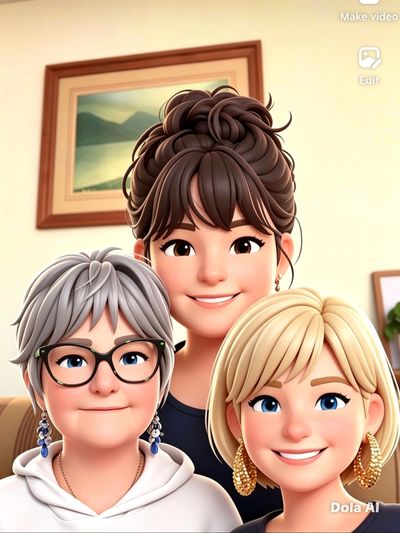 Three smiling animated characters posing indoors with a framed landscape painting in the background.