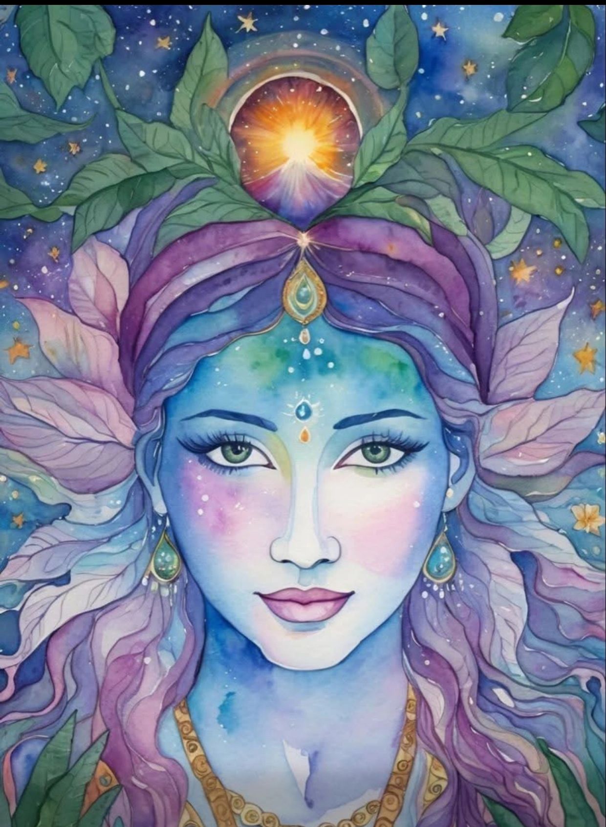 Mystical blue goddess with green eyes, adorned with leaves and cosmic elements.