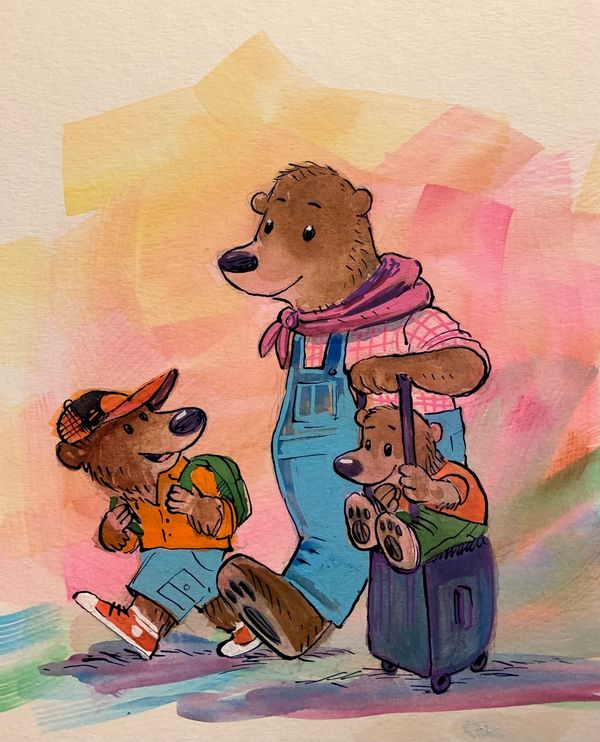 Mama Bear with one cub wearing bookbag and sneakers and another on top of her rolling bag at airport