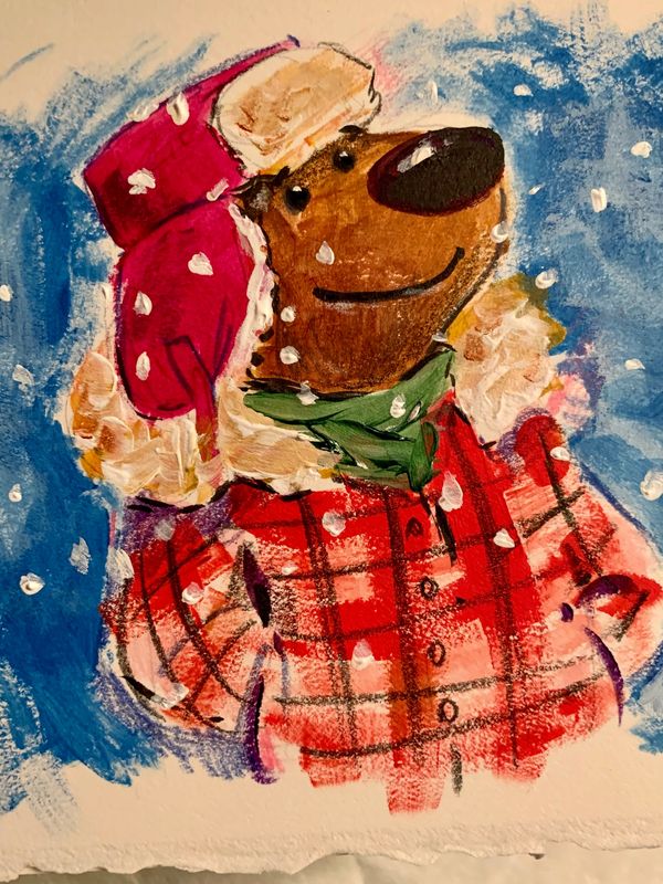 Bear in flannel and snow hat watching snow