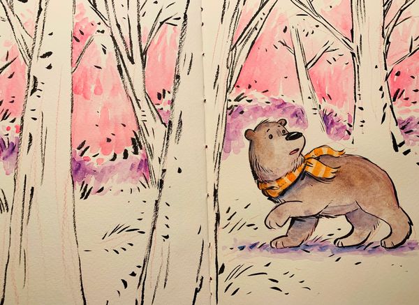 Bear walking through birch forest with a scarf looking lost
