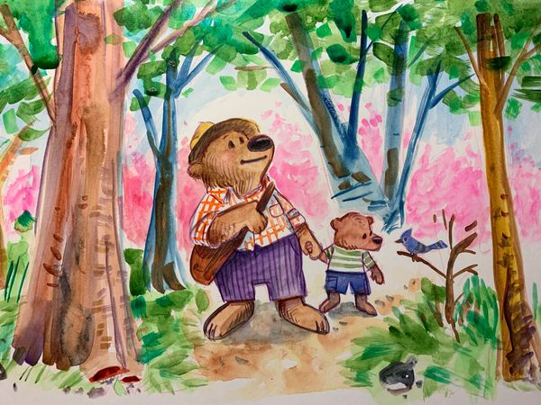Parent Bear wearing hat and summer outfit and bag with cub in summer clothes in forest