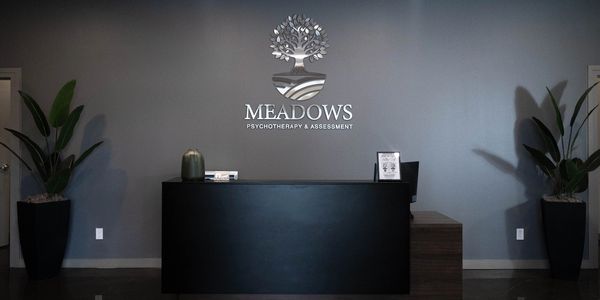 Reception area of Meadows Psychotherapy & Assessment with a modern desk and plants.