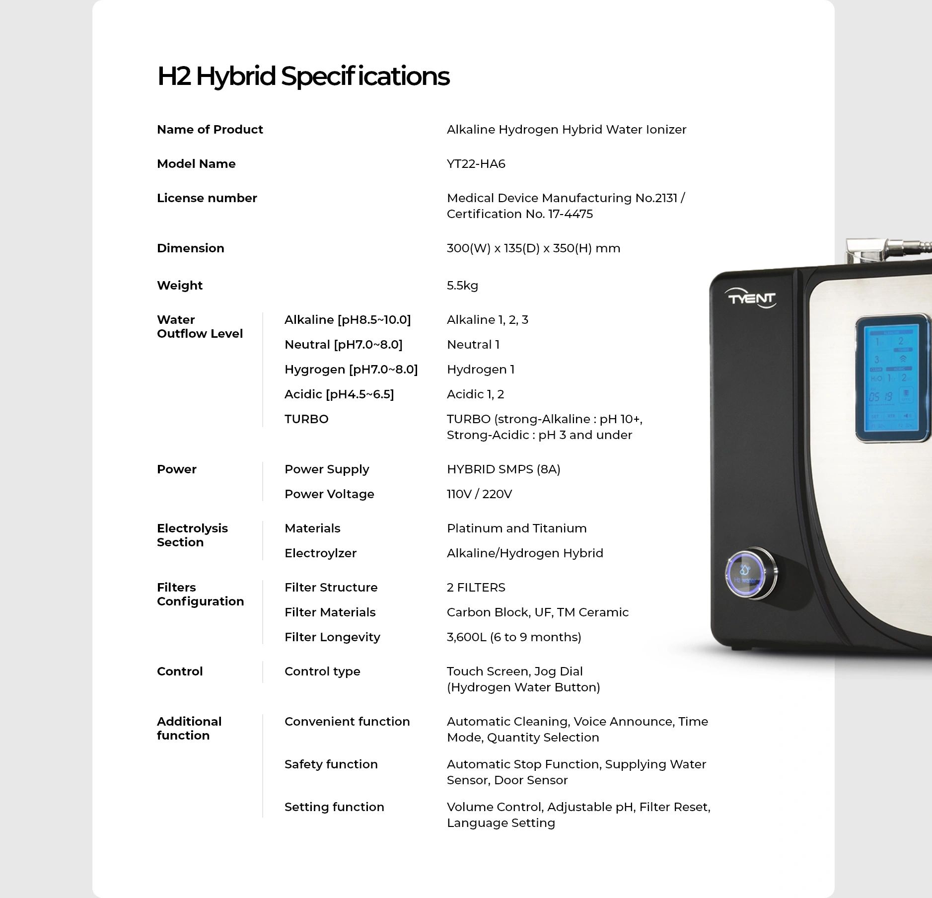 Tyent H2 Hybrid Water Ionizer