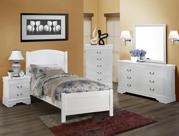 Item Name: Helene
Color: White
Material: Wood
Twin Bed, Dresser, Mirror, Night stand, chest.