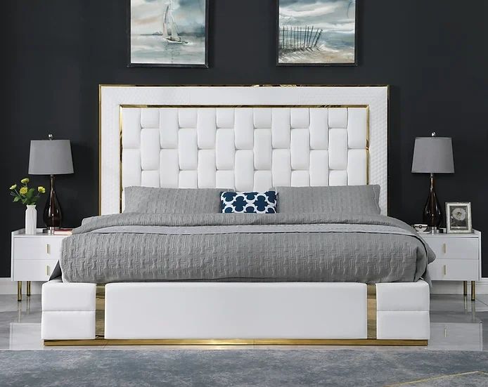 Marbella Storage Queen/King Bed Frame only
Color: White/Gold
Material: PU