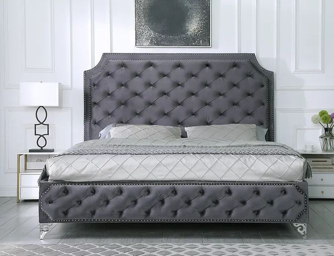 King or Queen Bed only 
Color: Grey
Material: Velvet, with nailhead trim
