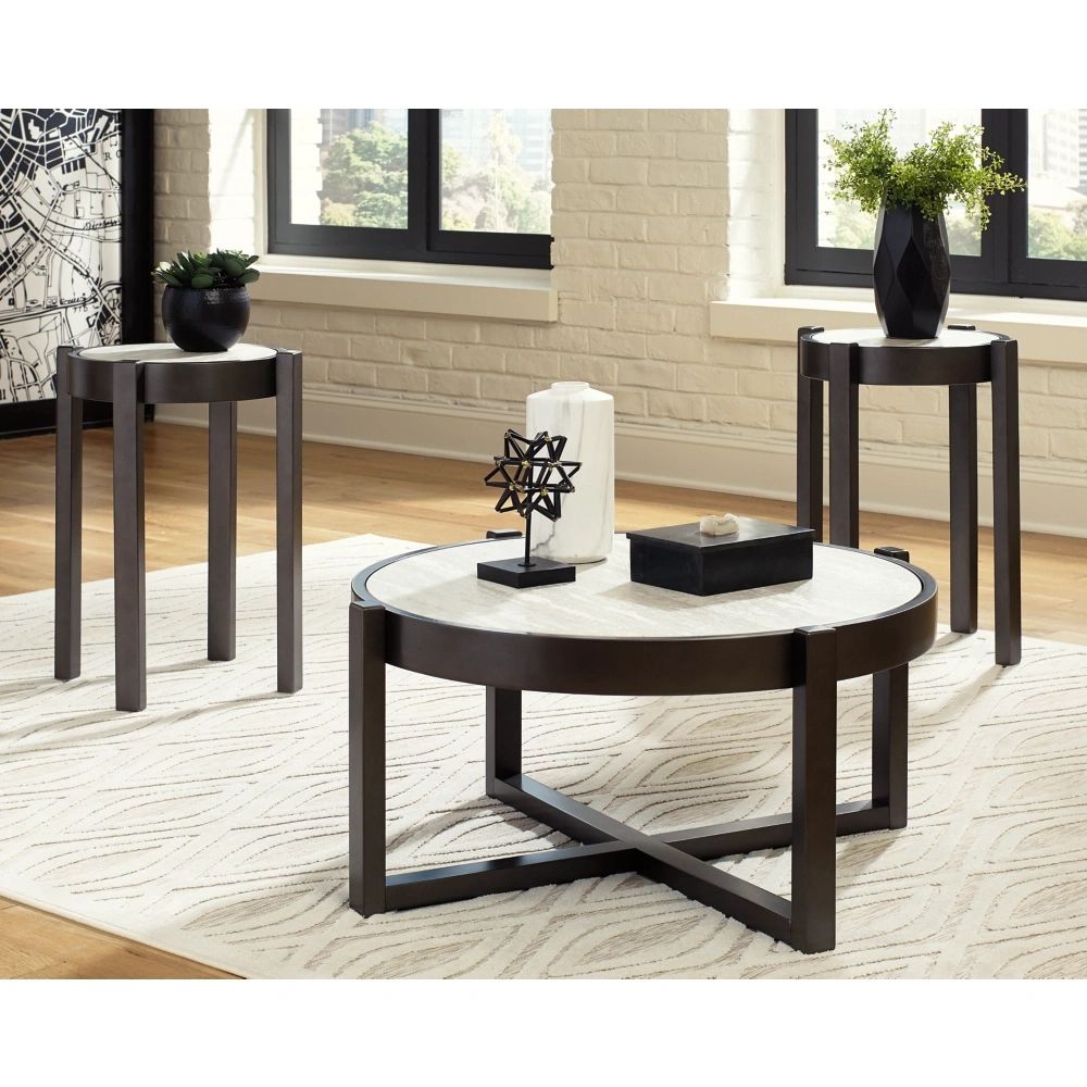 NAME: Lannoli 
Cocktail table
End table
Color: Beige/Pewter
Material: Wood, Faux travertine marble