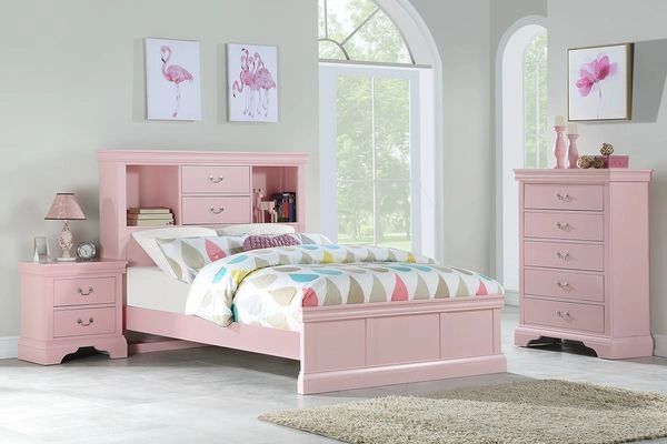 Item Name: F9424
Color: Pink
Material: Wood
Twin/Full with Night stand, Chest