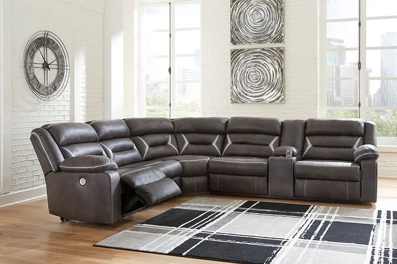 13104 Kincord Reclining Sectional
Color: Midnight 
Material: Polyester/polyurethane/vinyl upholstery