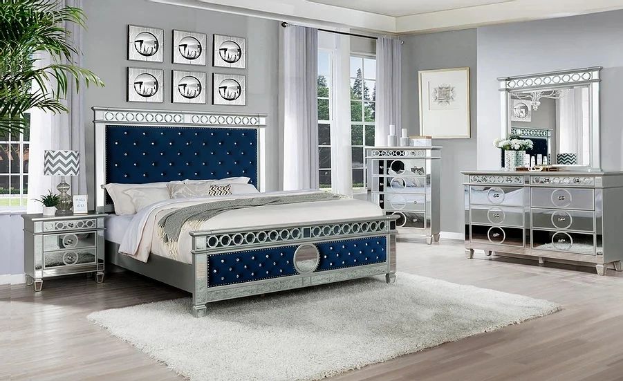 Bella Bed Set Blue color and mirror finish
(King or Queen Bed, Dresser, Mirror, Night Stand, Chest )