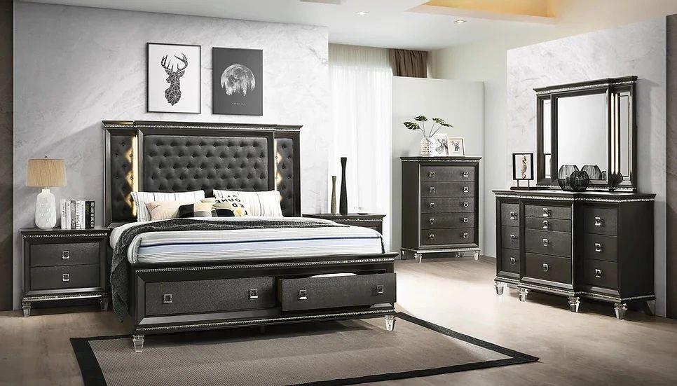 Madrid Bed Set  Dark Grey Color, LED light
(King or Queen Bed, Dresser, Mirror, Night Stand, Chest)