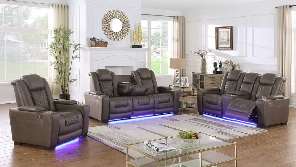 Features: Power Reclining Storage Console Wireless Charger Storage Arm USB Plug LED Lights Drop Down