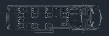 Blueprint of a van interior showing detailed seating arrangement and driver controls.