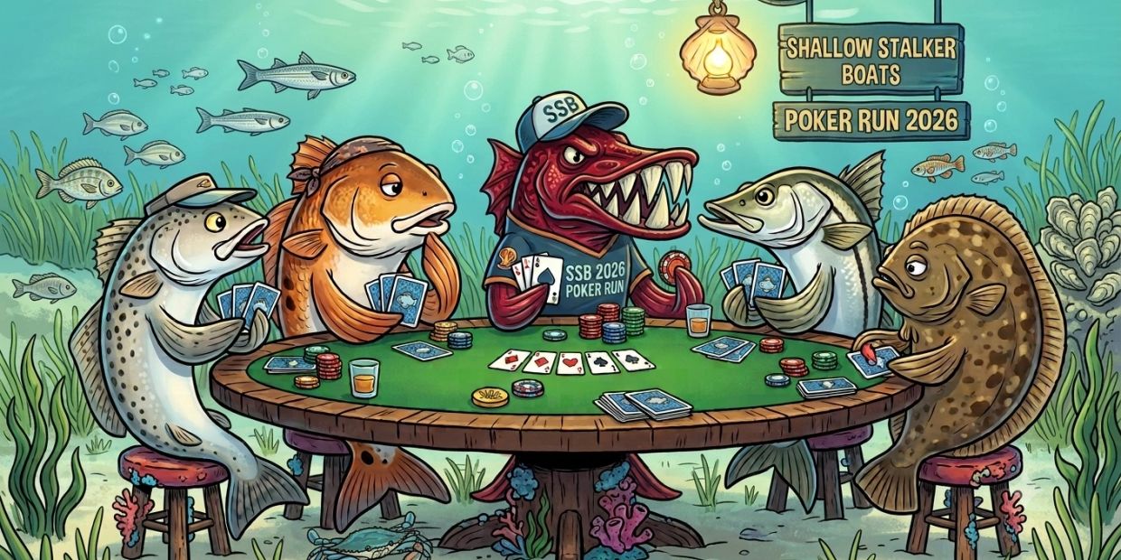 Cartoon fish playing poker underwater in a 2026 poker run.