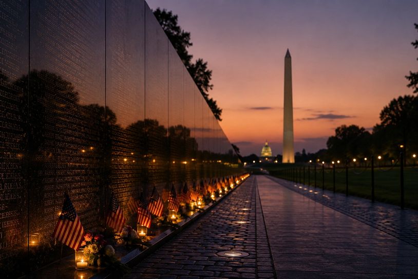 Vietnam Veterans Memorial at dusk with Washington Monument in background.