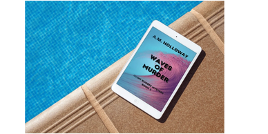 Tablet displaying 'Waves of Murder' by A.M. Holloway by the poolside.