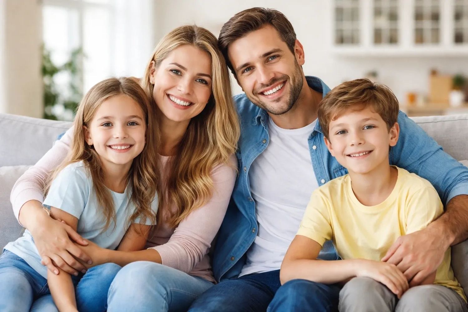 Smiling family of four sitting closely together on a couch.