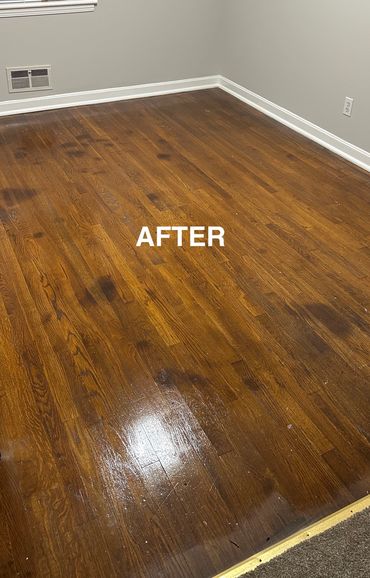 Refinished wooden floor in a clean, empty room labeled 'AFTER'.