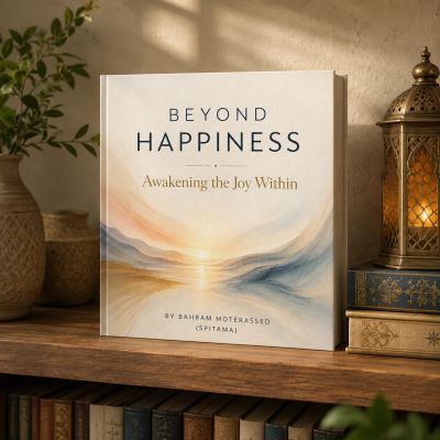 Book titled Beyond Happiness on a wooden shelf with a lantern and vase.