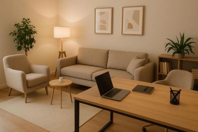 Cozy living room with furniture and laptop.