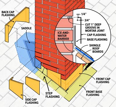 Diagram of chimney flashing components and installation details.