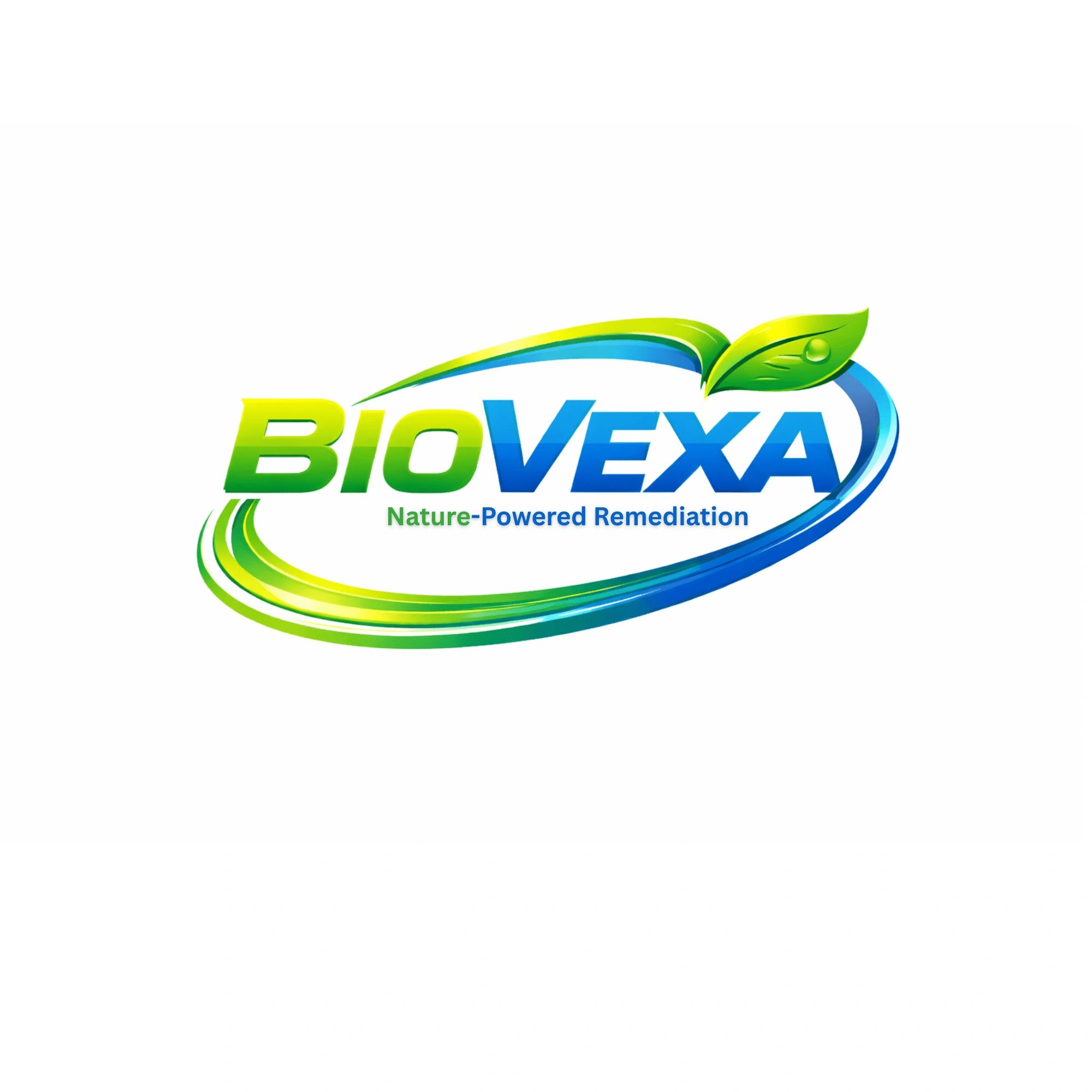 Logo of BIOVEXA with slogan Nature-Powered Remediation , with green and blue curve and a leaf