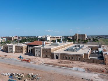 Aerial construction documentation of the Texas Tech School of Veterinary Medicine in Amarillo, Texas, during construction.
