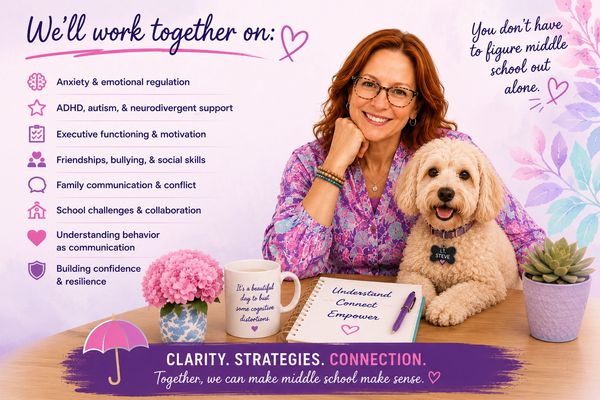 Woman with dog promoting middle school support services.