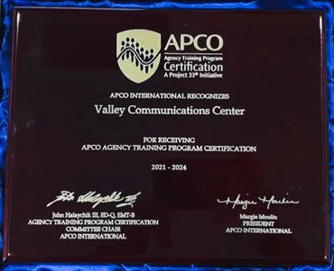 Valley Com 911 Agency Training Program Certification Award